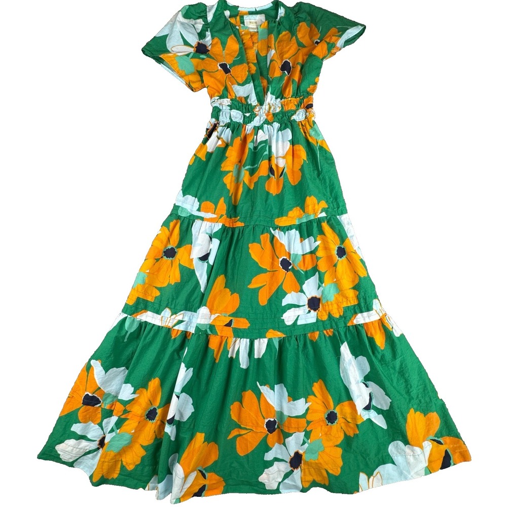 Maeve by Anthropologie Women's Maxi Dress XXS Green Orange Floral Tiered Pockets